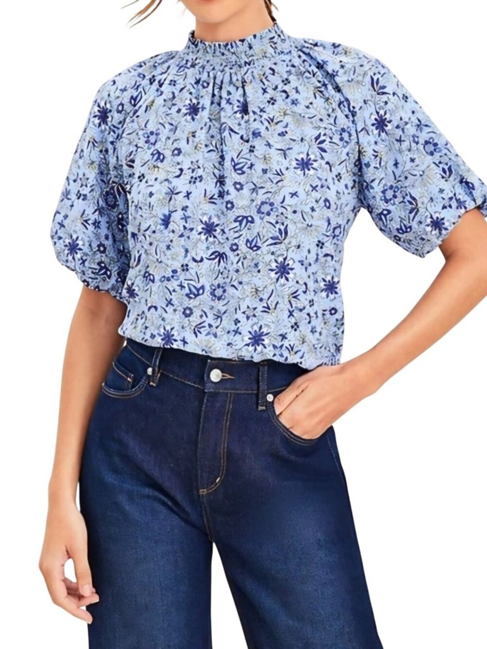 Loft Ditzy Floral Blue Puff Sleeve Modest High Collar Blouse Size M
